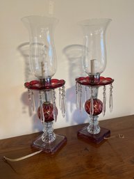 Vintage Etched Glass Boudoir Cranberry Electric Table Lamps Hurricane Chimney, 17.5 Tall Base Is 4x4in