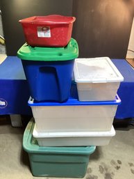 6 Storage Totes Of Various Sizes, With Lids, Except For One