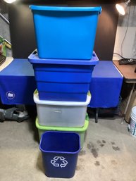 4 Storage Totes & 1 Recycling Pail In Great Shape