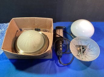 3 Light Fixtures And Hardware One Drop Light ,2 Fluorescent  3 Globes, Works Great