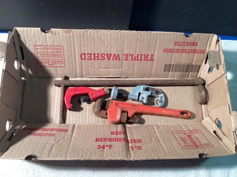 Box Lot With Special Sink Wrench, 10 Inch Pipe Cutter And 2 Smaller Pipe Cutters Great Shape Work Fine