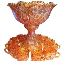 Gorgeous Never Used Vintage Imperial  Merigold Carnival Glass Punch Bowl Set