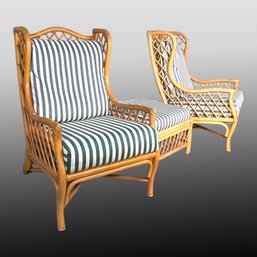 Pair Of Vintage Rattan Wingback Chairs W Ottoman