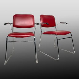 Pair Of Burgundy & Chrome Post Modern Chairs