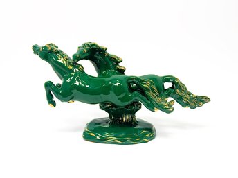 Italian Green And Gold Porcelain Stallion Sculpture