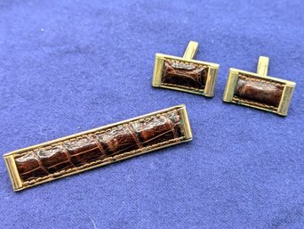 Handsome Brown Leather Vintage Cuff Links And Tie Clip