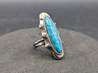 Silver And Turquoise Navette Ring - Probably Navajo