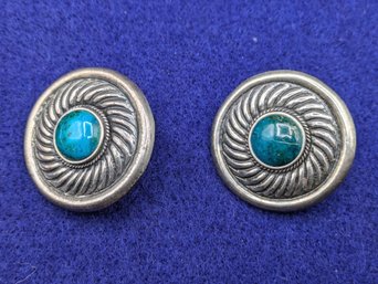 Pair Of Silver And Turquoise Disk Earrings