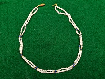 Pearl,  Blue Lapis, And Gold Bead Necklace