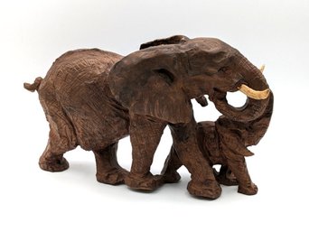 Vintage  Wood Elephant And Young - Sculpture From Zimbabwe