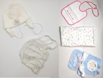 Baby Bonnet, Pinafore, Blanket And Bibs