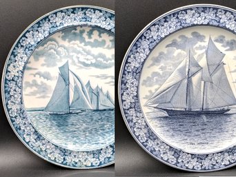 2 Antique Wedgewood Blue & White Sailing Ship Plates