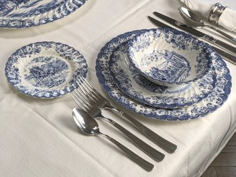 Entertain With This Vintage Hand Engraved English Blue & White Dinner Service