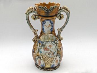 Gorgeous Vintage Majolica 2 Handle Urn Vase Marked 824