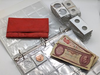 A Leather Wallet, Foreign Bank Notes And Lots Of Coin Holders