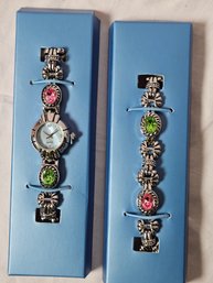 Beautiful Colorful Stone Link Watch And Bracelet, New In Box