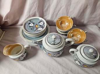 Beautiful Japanese Tea Set With Pot, Cream, Sugar Bowl, Saucers, Cups, And Dessert Plates