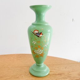 Vintage Green Handpainted Opaline Glass Vase With Asian Theme