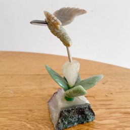 Amethyst, Quartz, Jade And Carved Stone Hummingbird Sculpture