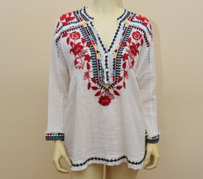 Vintage Johnny Was Embroidered Long Sleeve White Peasant Top