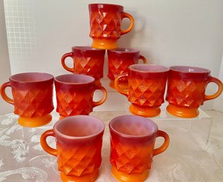 Set Of 9 Vtg Anchor Hocking 'KIMBERLY' Red-orange Diamond Milk Glass Mugs