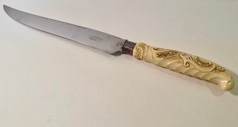 #115 - Beautiful Vintage 15' Knife With Sterling Silver Decorative Band & Ornately Detailed Celluloid Handle,