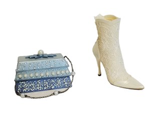 'Just The Right Shoe' Collectible Figurines: Frosted Fantasy Purse & Lace Up Bootie With COA (lot 2)