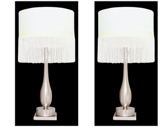 Pair Of  Polish Nichel Finish Vase Table Lamps With Glam Fringed  Drum Lampshade