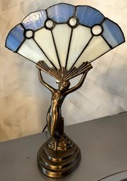 Original 1930's Art Deco Stained Glass Fan Shade Bronze Nude Table Desk Lamp Tested Working ( READ DESCRIPTION