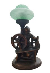 Vintage Mid Century Art Deco Bronzed Metal Figural Spinning Wheel Lamp With Jade Green Shade