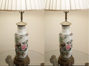 Pair Of Amazing Vintage Hand Painted Chinoiserie Lamps With Flowers & Peacocks