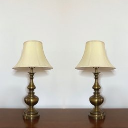 Brass Candlestick Lamps With Ribbed Shades - Tested And Working