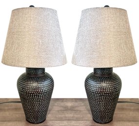 A Pair Of Modern Ginger Jar Form Table Lamps With Grey Linen Shades