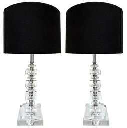 Pair Of Stunning Stacked Square Lucite Table Lamps