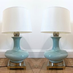 Pair Of Crazed Ceramic And Chrome Base Lamps With White Barrel Shades - Tested And Working