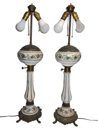 Monumental Pair Antique Neoclassical Hand Painted Claw Foot Brass & Glass Double Light Table Lamps