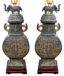 Pair Of Bronze Asian Vessel Table Lamps