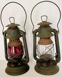 Vtg Lot Of 2 BH & Co. No. 150 'little Supreme' Oil Lanterns: One With Red Globe, 1 Clear (read Description)