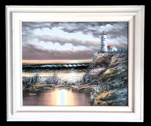 M Farley Signed Modern Lighthouse Seascape Beach Scene Framed Oil Painting