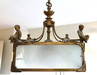 1920s Brass Cherub Hanging Light With Frosted Glass Shades