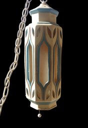 Very Unique Vintage Mid Century Egyptian Revival Style Hanging Ivory & Blue Hanging Pendant Light Lamp