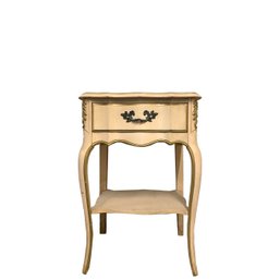 French Provincial Pale Pink Side Table With Gold Accents On Cabriole Legs