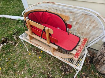 147 - LL Bean Childs Wooden Sled With Red Cushion Excellent Condition
