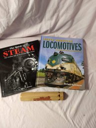 Collection Of Locomotive Related Books And A Wood Carved Train Whistle Toy