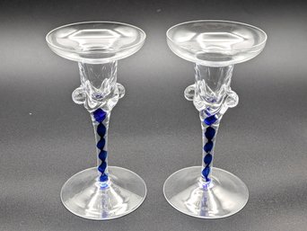 Pair Glass Candlesticks With Blue Spiral Twist