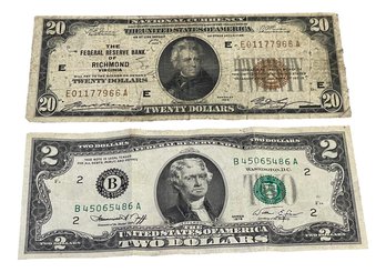 1929 $20 Red Seal Federal Reserve Bank Of Richmond Bill And $2 Bill