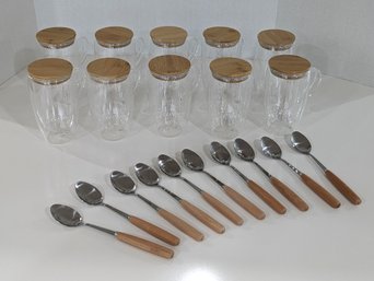 Lallisa  Set (10) Of Double Wall Glass Coffee  Mugs W/ Handles & W/Bamboo  Lids And Spoons