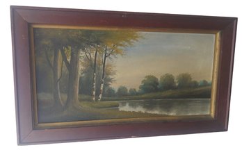 Antique Landscape With River & Birch Trees Oil Painting