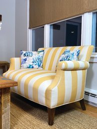 Yellow And White Stripe Rolled Arm Loveseat On Solid Wood Legs