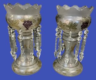 Beautiful Pair Antique Victorian Paint Decorated Lustres With Crystal Prisms